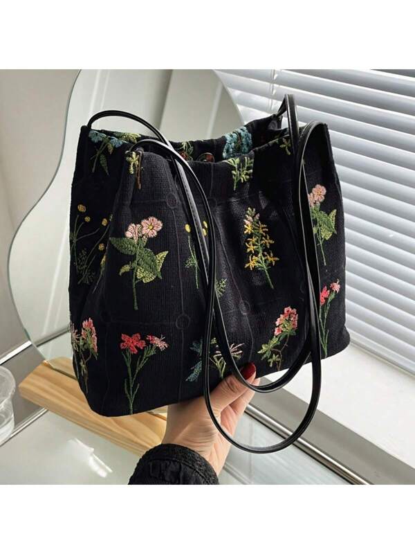 حقيبة كبيرة سعة كبيرة من القماش للنساء بتطريز وطباعة، موضة ربيع