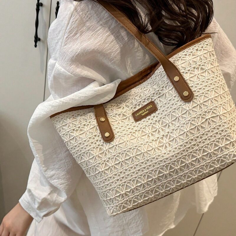 حقيبة كبيرة السعة مُنسوجة على الطراز الأوروبي الأمريكي الجامعي للنساء