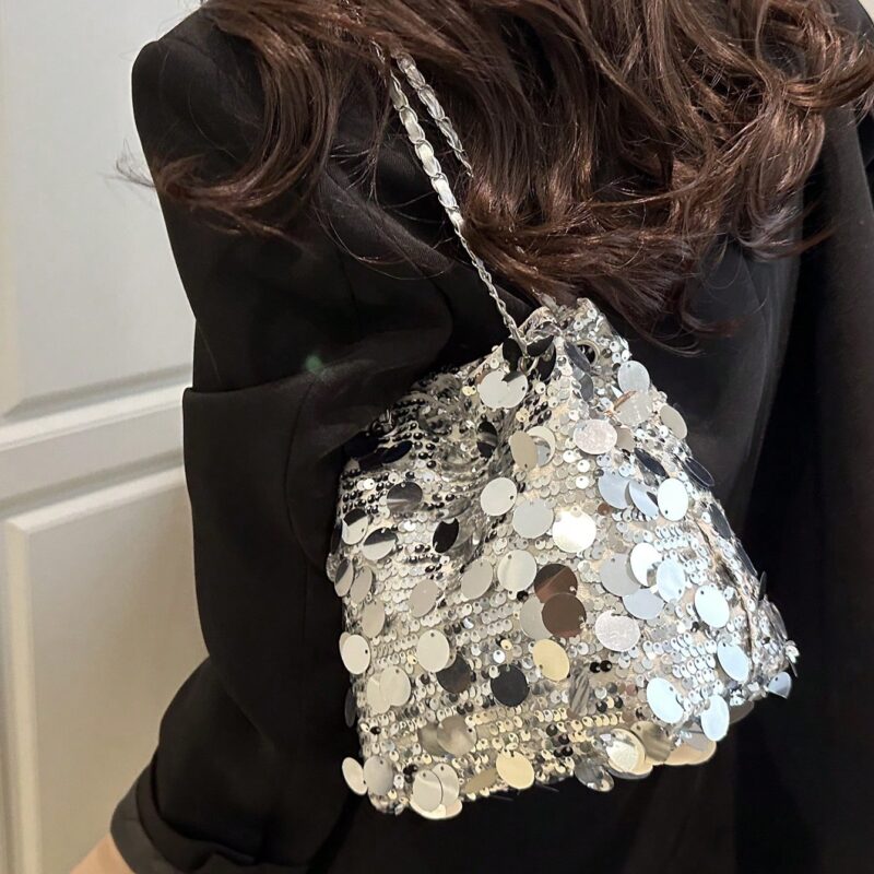 حقيبة كروس بودي نسائية كبيرة السعة، خفيفة الوزن، متينة، مزينة بالبريق، حقيبة دلو عصرية